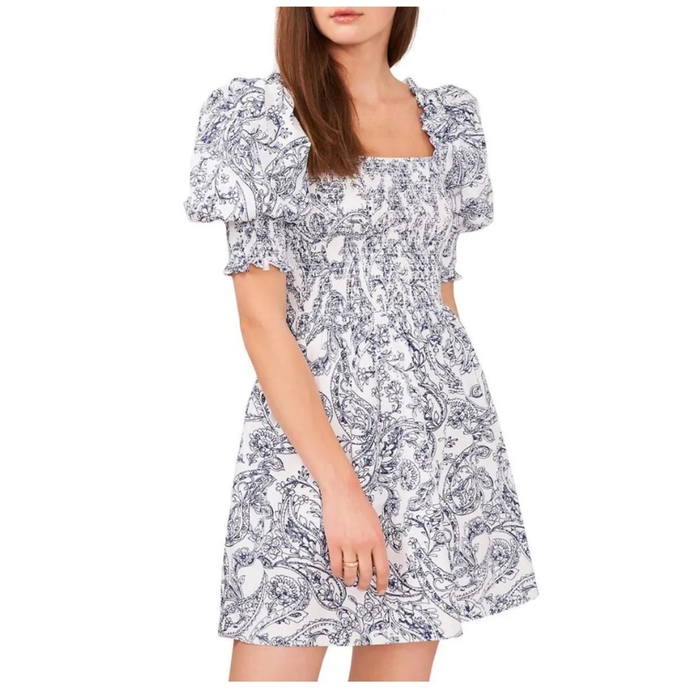 1.State Womens May Smocked Mini Summer Fit & Flare Dress M NEW